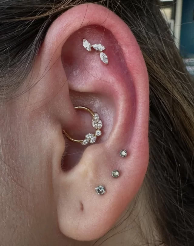 ✨ Soft gold, clean lines, and fresh sparkle ✨

Today’s ear is a blend of healing brilliance and fresh detail — subtle, polished, and full of that marquise magic.

✨ Flat: Freshly pierced with our Gold PVD Marquise Leaf top
💛 Daith: Healing beautifully with our Gold PVD Marquise/Round CZ segment ring (Piercing done 5 weeks ago)
💎 Lobes: Client’s existing pieces completing the shine
🐒 Precision placement & gentle handling by @dwane_oelofse 

A little luxury, placed exactly where it belongs! 🌟

• We are located inside 📍 @jadedink_ 
• Call or WhatsApp us on 📱 084-600-5263
• Find us on 💻 www.modifiedmonkey.co.za

#flatpiercing #daithpiercing #marquisecz #goldpvd #earcuration #titaniumjewellery #sparkle #bodypiercing #modmonkey #modifiedmonkey #jadedink