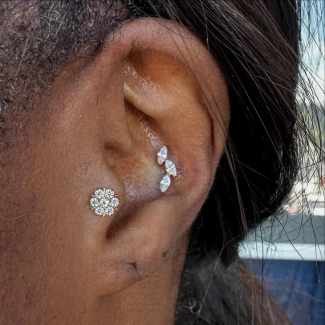 Clean lines. Effortless glow. ✨

A healed tragus upgrade paired with a fresh conch — balanced, refined, and built to flow with the anatomy.

Gold PVD bringing that warmth without overpowering the placement.

• Tragus – Eternity Halo (7 CZ cluster)
• Conch – Petal Drift (3 marquise leaf)
• Implant grade titanium, Gold PVD finish

Designed to sit comfortably and shine from every angle.

📍 Modified Monkey – inside @jadedink_ 
📲 WhatsApp: 084 600 5263
🌐 www.modifiedmonkey.co.za

Pierce it. Flaunt it.

#modifiedmonkey 
#conchpiercing 
#traguspiercing 
#titaniumjewellery 
#bodypiercing