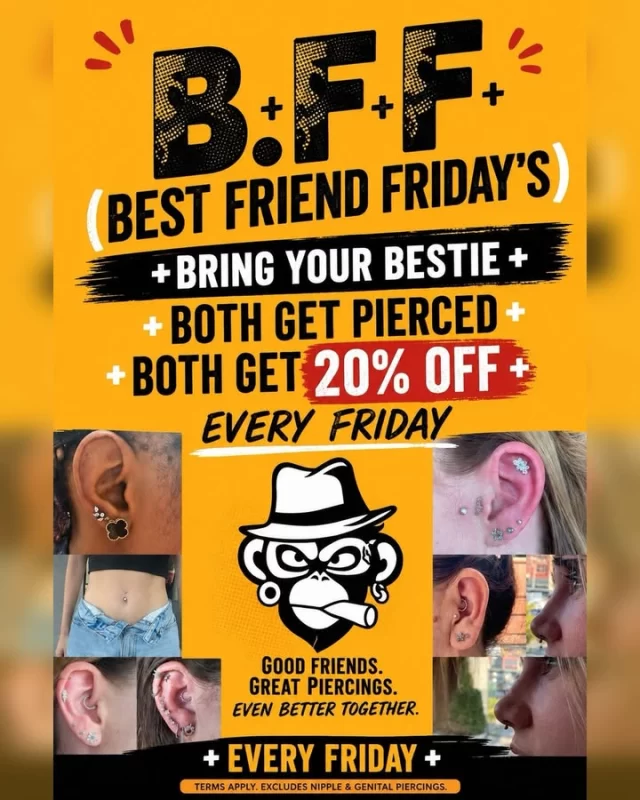 Good friends. Great piercings. Even better together. 👯

Some piercings are just more fun when your best friend is sitting right next to you.

Matching piercings, completely different piercings, moral support, peer pressure… we welcome all of it 😏

B.F.F Fridays are back, giving you the perfect excuse to finally book that piercing you’ve both been talking about.

📍 Based inside @jadedink_ 

📲 WhatsApp 084 600 5263 to make your booking.

Terms apply. Excludes dermals, surface piercings and genital piercings.

#modifiedmonkey 
#bfffridays 
#bestfriendfriday 
#piercings 
#bodypiercing