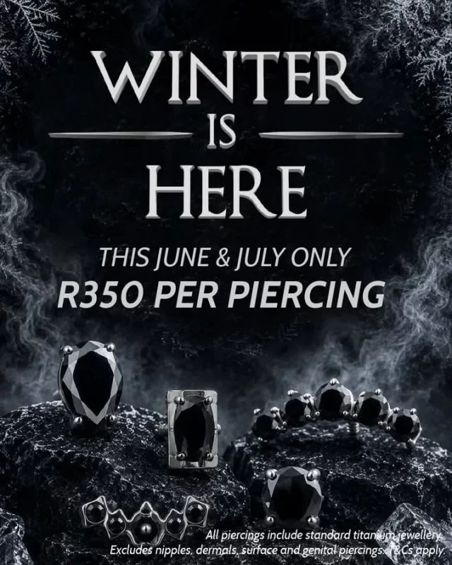 ❄️ WINTER IS HERE SPECIAL ❄️

With the economy being what it is, and winter being one of the best times of the year to heal a new piercing, we've decided to bring back one of our most popular specials.

For June and July only, enjoy piercings from just R350 per piercing.

Whether you've been thinking about a nostril, helix, flat, tragus, conch, septum, or something else, now is the perfect opportunity to treat yourself without breaking the bank.

All piercings are performed using:
✨ Sterile, single-use needles
✨ Implant-grade titanium jewellery
✨ Professional aftercare guidance

Special excludes: nipples, dermals, surface piercings, and genital piercings.

📍 Based inside Jaded Ink - Join The Movement
📲 WhatsApp 084 600 5263 to book your appointment.

Winter is here... and so is your excuse to get that piercing you've been thinking about. 😉