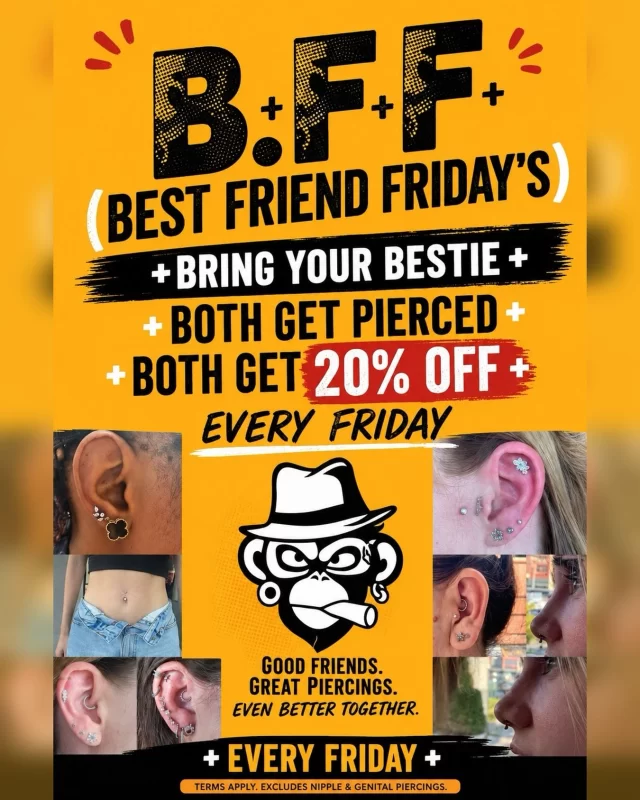 Good friends. Great piercings. Even better together. 👯

Some piercings are just more fun when your best friend is sitting right next to you.

Matching piercings, completely different piercings, moral support, peer pressure… we welcome all of it 😏

B.F.F Fridays are back, giving you the perfect excuse to finally book that piercing you’ve both been talking about.

📍 Based inside @jadedink_ 

📲 WhatsApp 084 600 5263 to make your booking.

Terms apply. Excludes dermals, surface piercings and genital piercings.

#modifiedmonkey 
#bfffridays 
#bestfriendfriday 
#piercings 
#bodypiercing