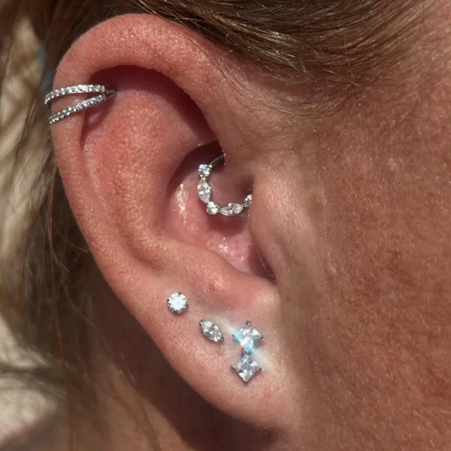 🔥 Full ear upgrade goals unlocked 🔥

Left ear brought to pure sparkle perfection ✨

⭐ Lobe stack:
 • 1st – Double Square CZ for bold symmetry
 • 2nd – Single Marquise CZ, sleek and refined
 • 3rd – 3mm Round Prong-set CZ for that subtle shimmer
💫 Upper details:
 • Tragus upgraded to our 3-Blaze CZ top
 • Finished with the elegant 3-Leaf Marquise CZ

Right ear mirrors the left’s brilliance ⚡
💎 Helix: Double Paved CZ segment ring for a luxe wrap
✨ Daith: Snug Alternating Round & Marquise CZ segment ring that catches every angle of light

@tarrynoelofse ear was pierced, styled, and upgraded by Modified Monkey 🖤

* We are located inside 📍 @jadedink_ 
* Call or WhatsApp us on📱 084-600-5263
* Find us on 💻 www.modifiedmonkey.co.za

#modifiedmonkey #eargoals #titaniumjewellery #CZ #jozipiercer #bodypiercings #earstack #earstackgoals #shineupgrade #jadedink #daith #tragus #conch #helix #lobes